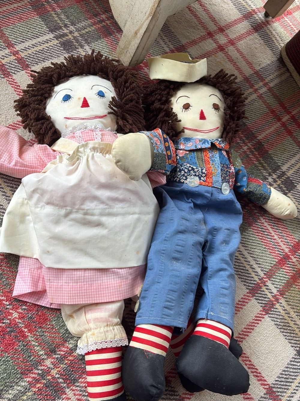 Handmade Style Rag Doll Pair - Brown Hair, Blue & Pink Outfits